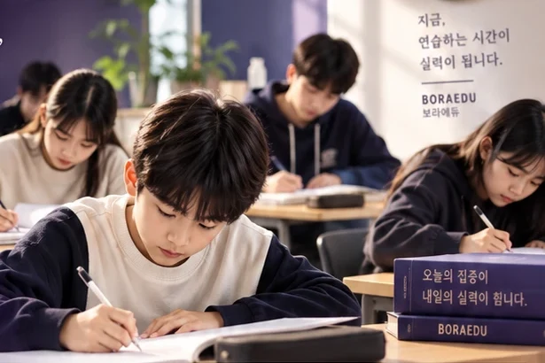 책상에 앉아 문제를 푸는 학생들